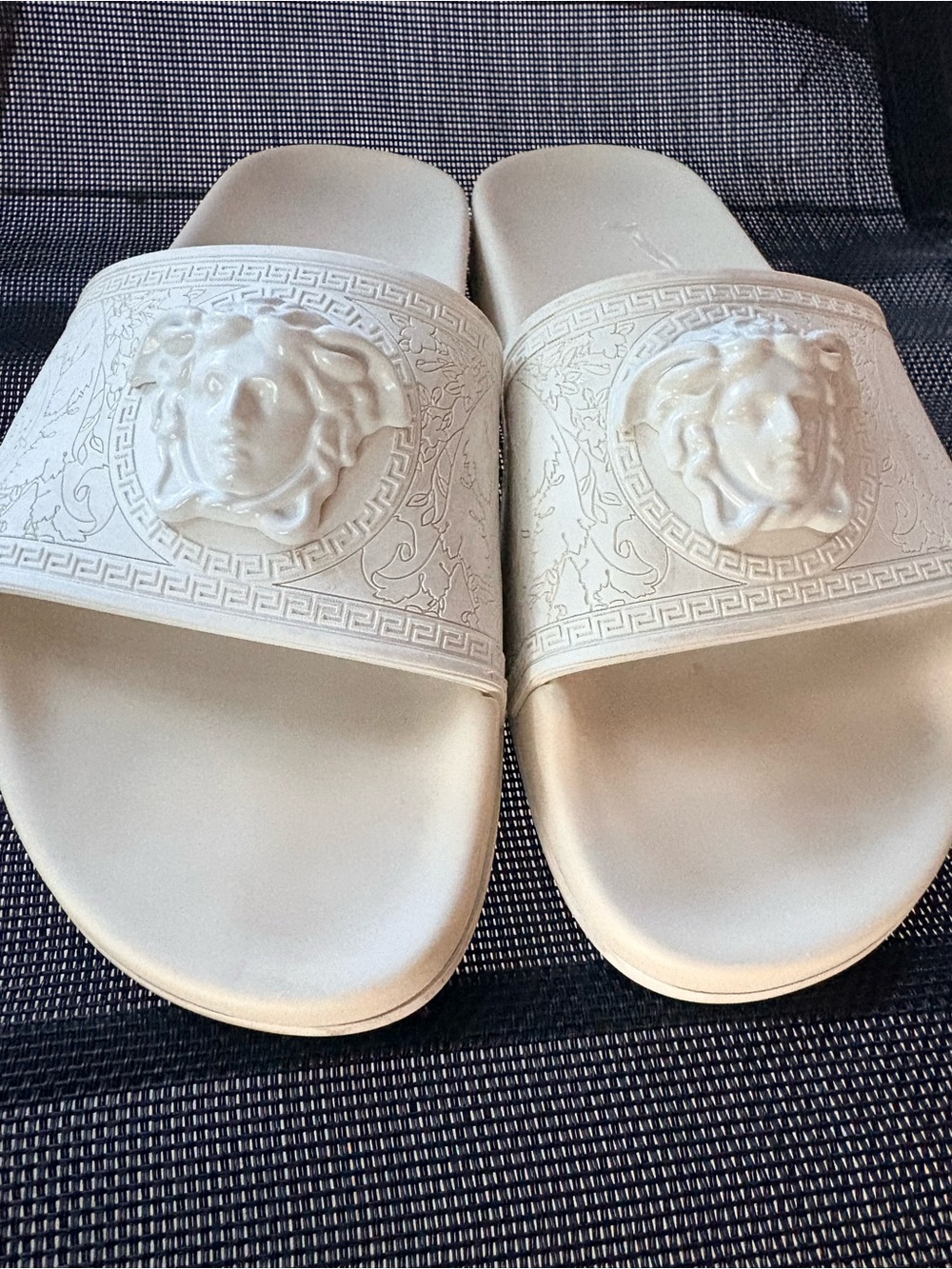 Versace White Medusa Embossed Slide Sandals